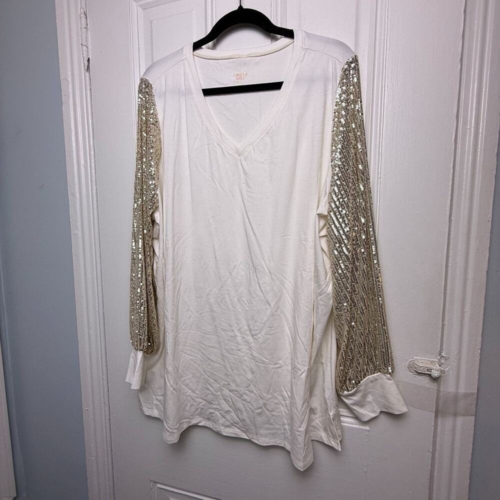 Jingle Belles Kim Gravel Sequin Sleeve White Top Womens 3X Party NWOT QVC